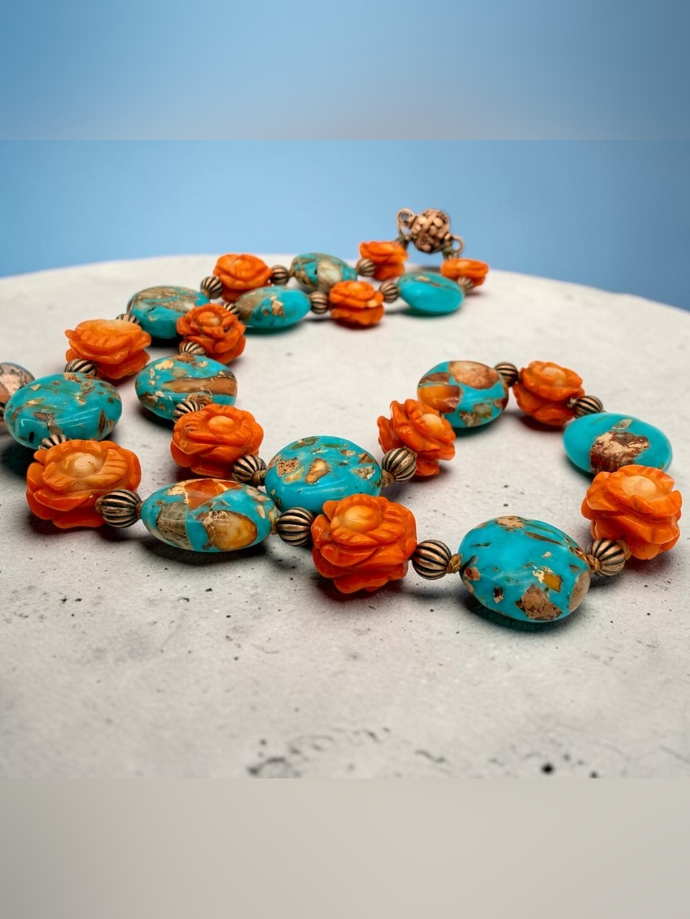 Artisan Hand Knotted Emperor Jasper Carved Coral floral bead Copper Necklace 18” - Picture 15 of 17